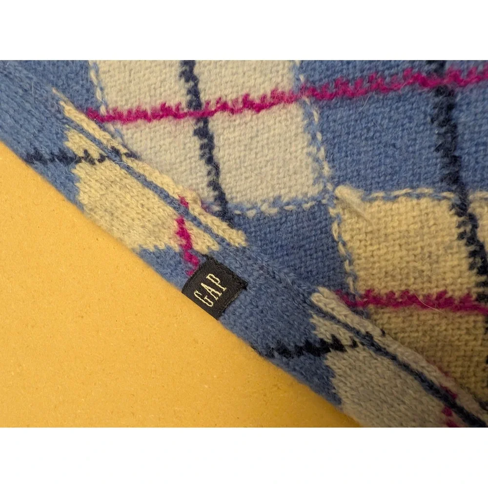 Vintage Deadstock GAP Scarf Blue Argyle 100% Lambswool Ruffle‎ Trim Y2K Preppy - Picture 4 of 4